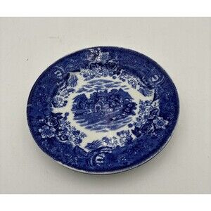 Country Scenes Plate Flow Blue England Church Village Antique Porcelain 6"